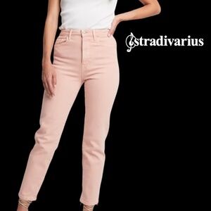 Stradivarius Jeans Pants 5 Pocket Factory Faded Slim Skinny Salmon Pink Hi Waist